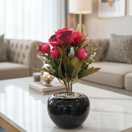 "Crimson Allure" Luxe Rose Bud Bouquet: High-Gloss Obsidian Cachepot with Perpetual Bloom