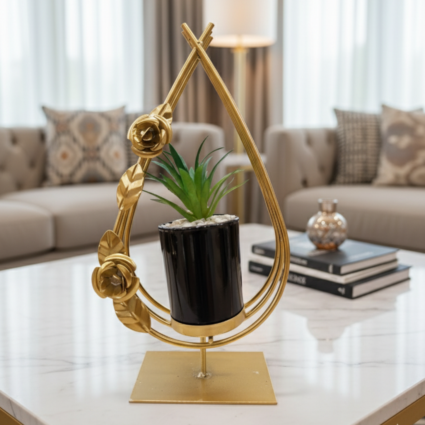 "Golden Bloom Arc" Architectural Planter Sculpture: Luxe Perpetual Succulent in a Modernist Onyx Vessel