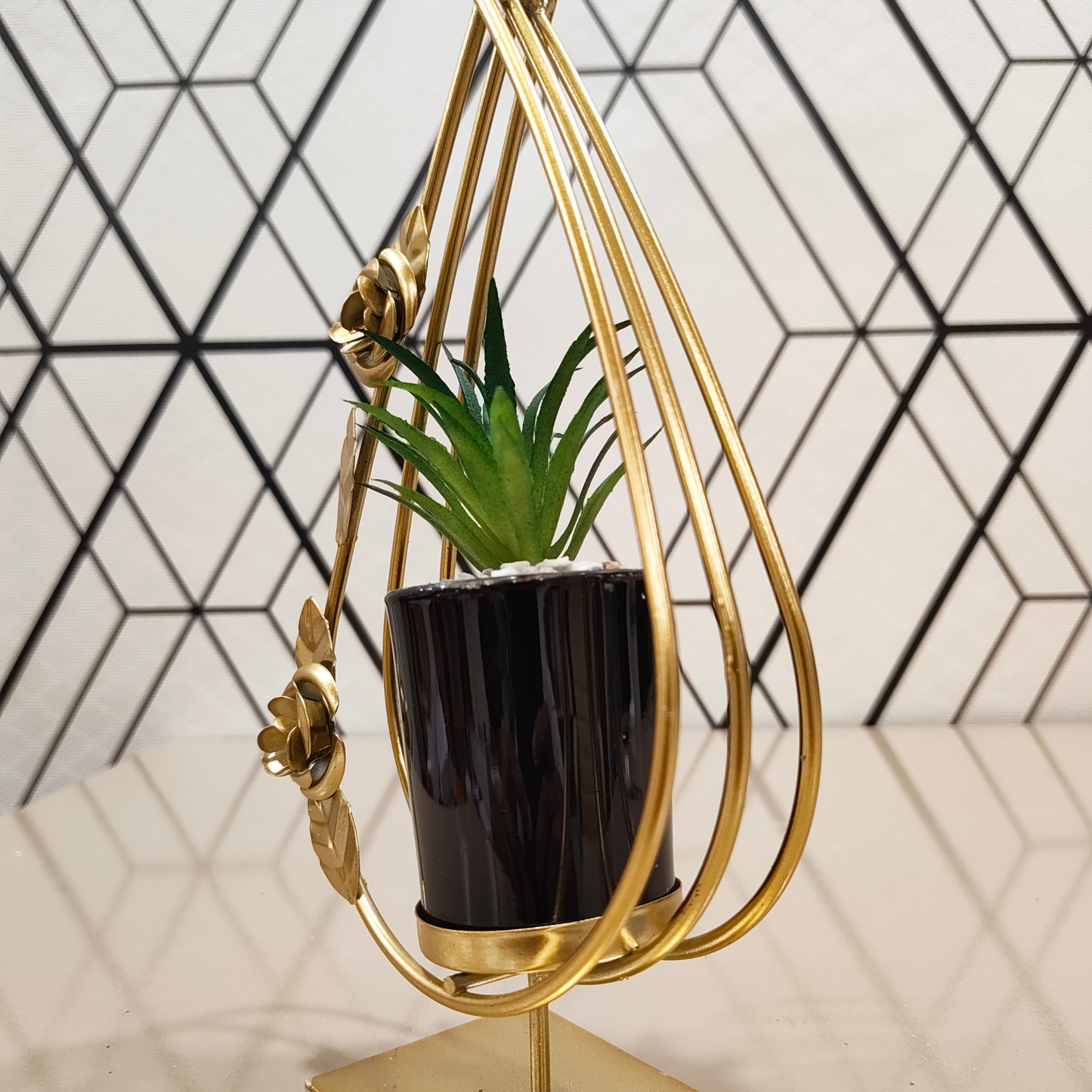 "Golden Bloom Arc" Architectural Planter Sculpture: Luxe Perpetual Succulent in a Modernist Onyx Vessel