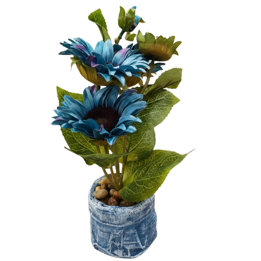 "Azure Dream" Luxe Faux Sunflower Arrangement: Artisanal Distressed Denim Cachepot with Perpetual Bloom