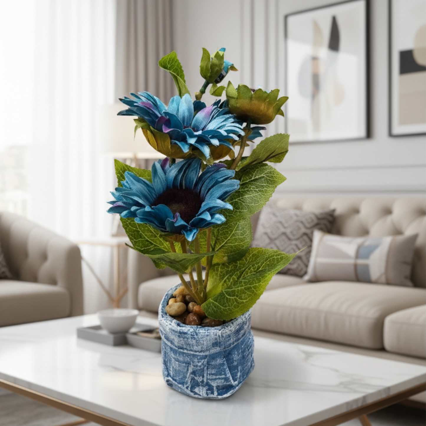 "Duet of Elysian Blooms" Luxe Faux Sunflower Set: Artisanal Distressed Denim Cachepots with Perpetual Contrast