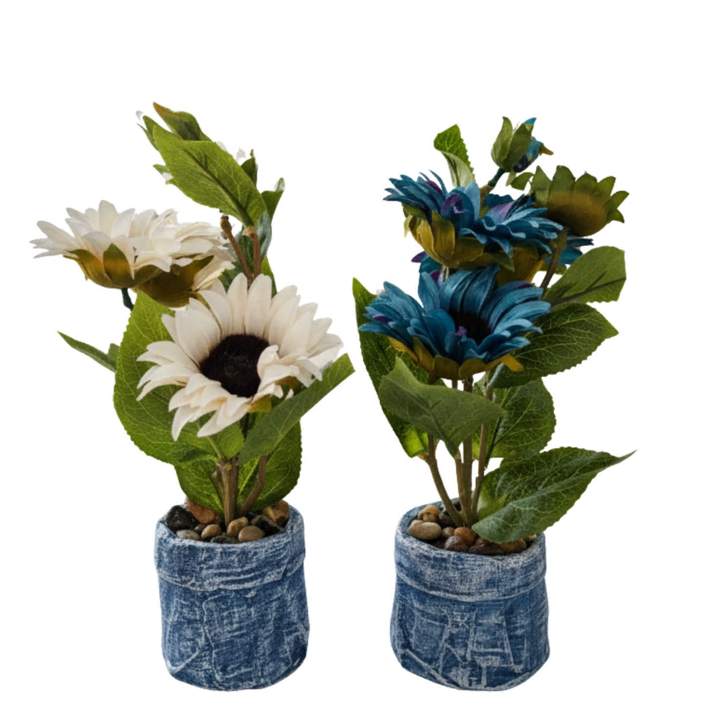 "Duet of Elysian Blooms" Luxe Faux Sunflower Set: Artisanal Distressed Denim Cachepots with Perpetual Contrast
