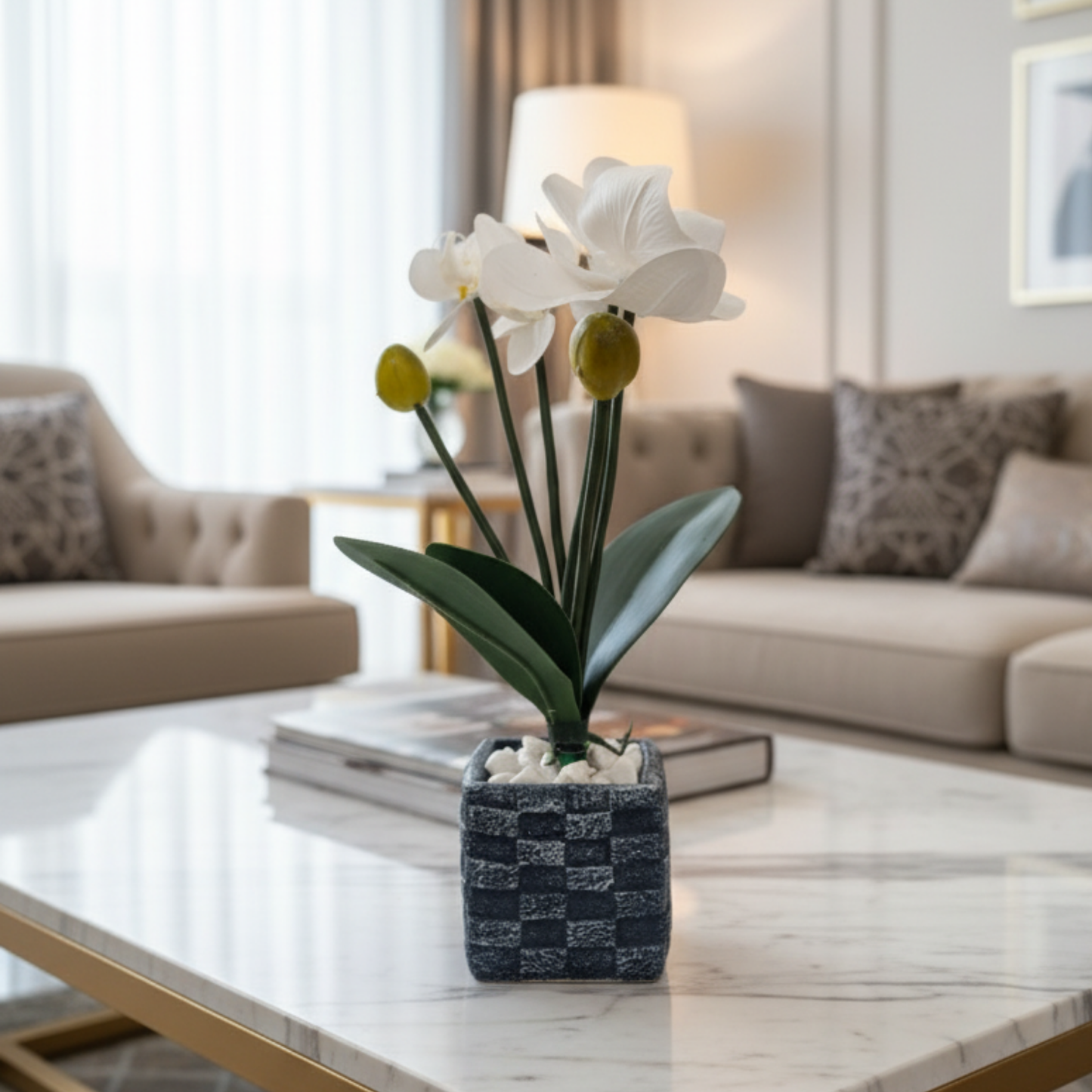 "Zen Orchid Elegance" Faux Phalaenopsis: Bespoke Chessboard-Textured Cachepot with Luxe White Stones