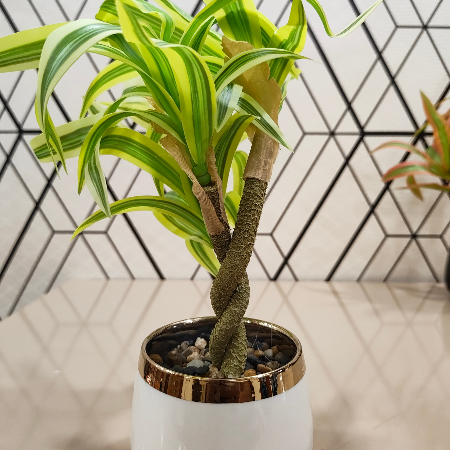 "Golden Horizon" Luxe Faux Lucky Bamboo: Elegant Twisted Trunk in a Gilded Modernist Cachepot