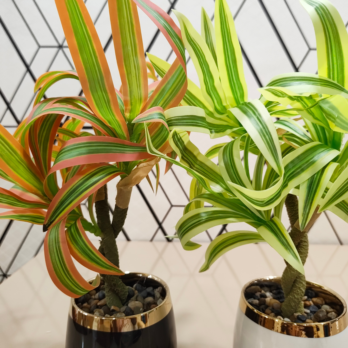 "Duet of Elysian Dracaena" Luxe Faux Plant Pair: Gilded Modernist Cachepots with Striking Perpetual Contrast
