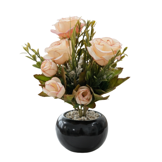 "Moonlit Petal" Luxe Rose & Berry Arrangement: Modernist Onyx Orb with Perpetual Silk Blooms