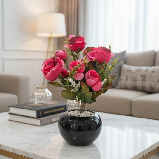 "Crimson Enchantment" Luxe Rose Arrangement: Modernist Gloss Black Orb with Zen Pebble Infusion