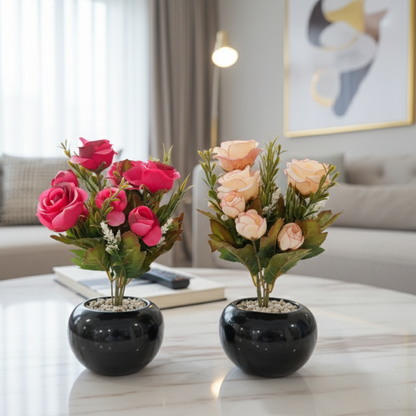 "Eternal Romance" Luxe Faux Rose Bouquet Duo: High-Gloss Obsidian Cachepots with Perpetual Contrast