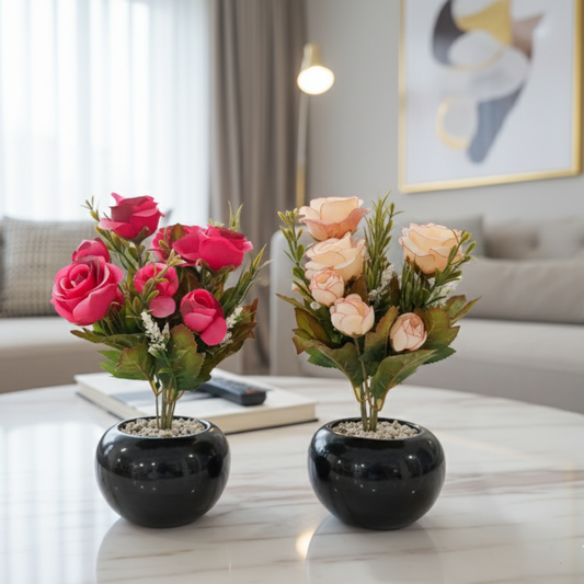 "Eternal Romance" Luxe Faux Rose Bouquet Duo: High-Gloss Obsidian Cachepots with Perpetual Contrast