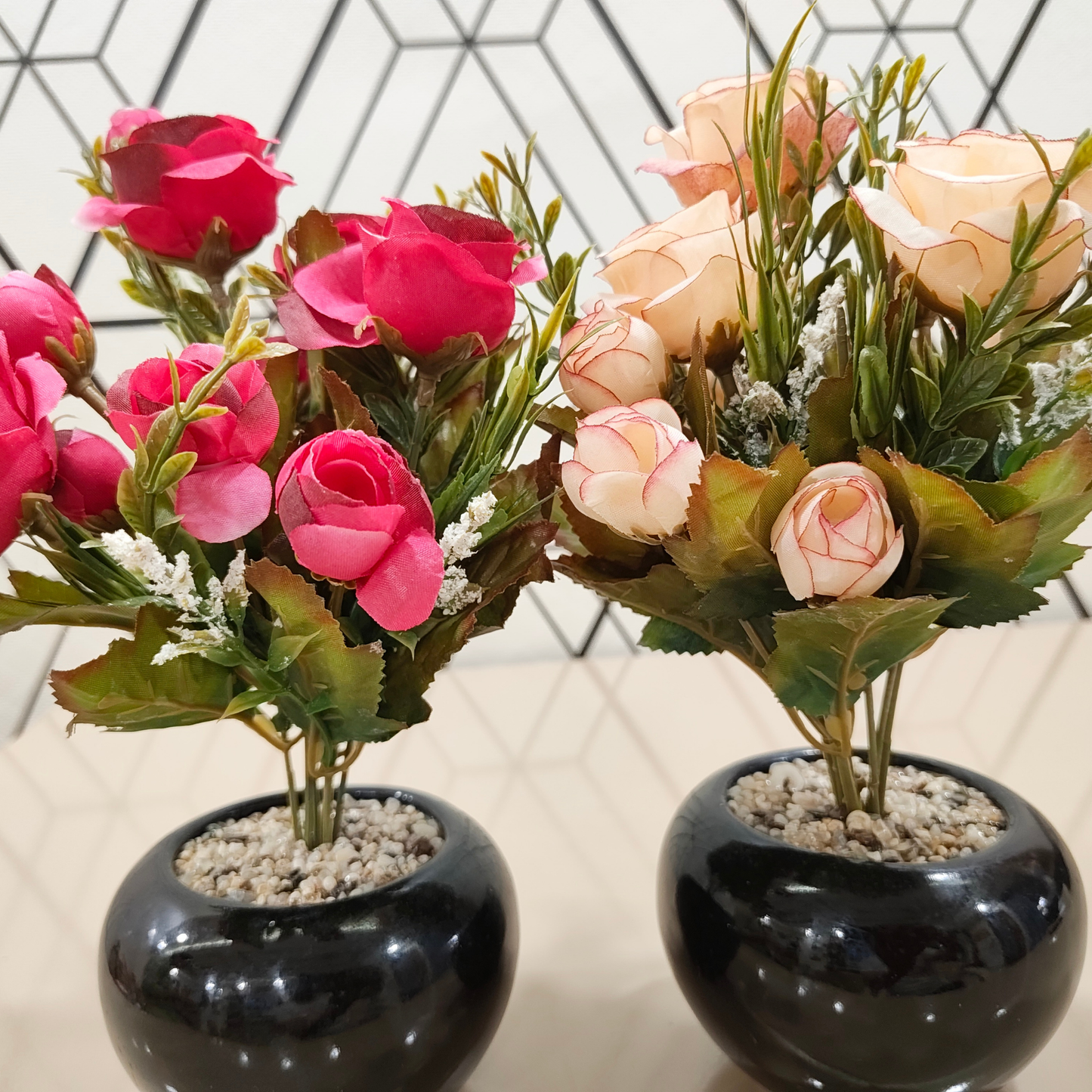 "Eternal Romance" Luxe Faux Rose Bouquet Duo: High-Gloss Obsidian Cachepots with Perpetual Contrast