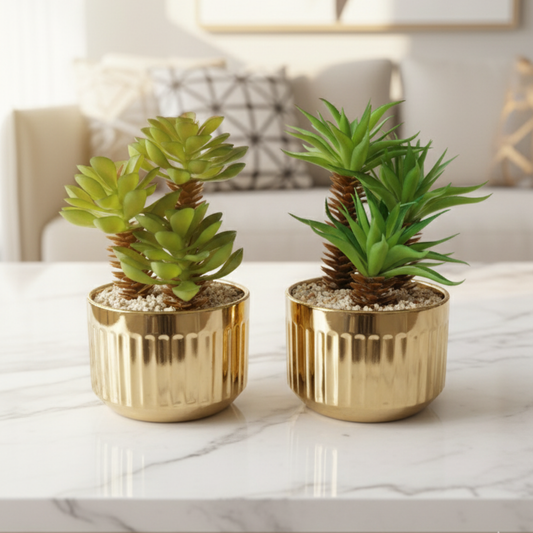 "Gilded Eden" Luxe Succulent Duo: Bespoke Fluted Gold Cachepots with Perpetual Desert Botanicals