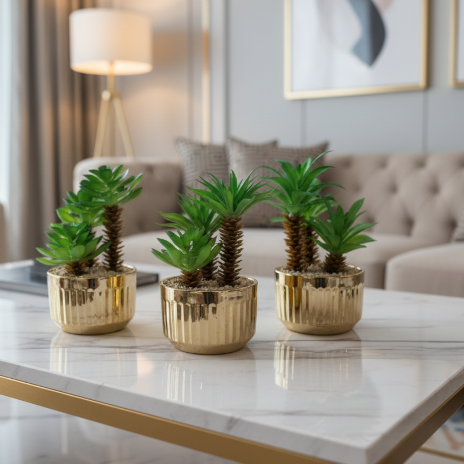 "Desert Oasis" Gilded Palm Trio: Bespoke Fluted Gold Vessels with Luxe Perpetual Succulents