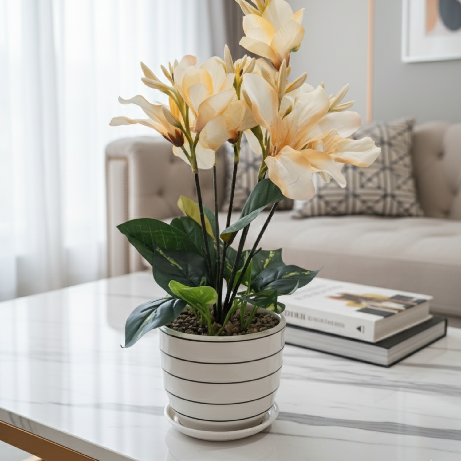 "Whispering Magnolia" Luxe Faux Floral Arrangement: Modernist Striped Cachepot with Perpetual Bloom