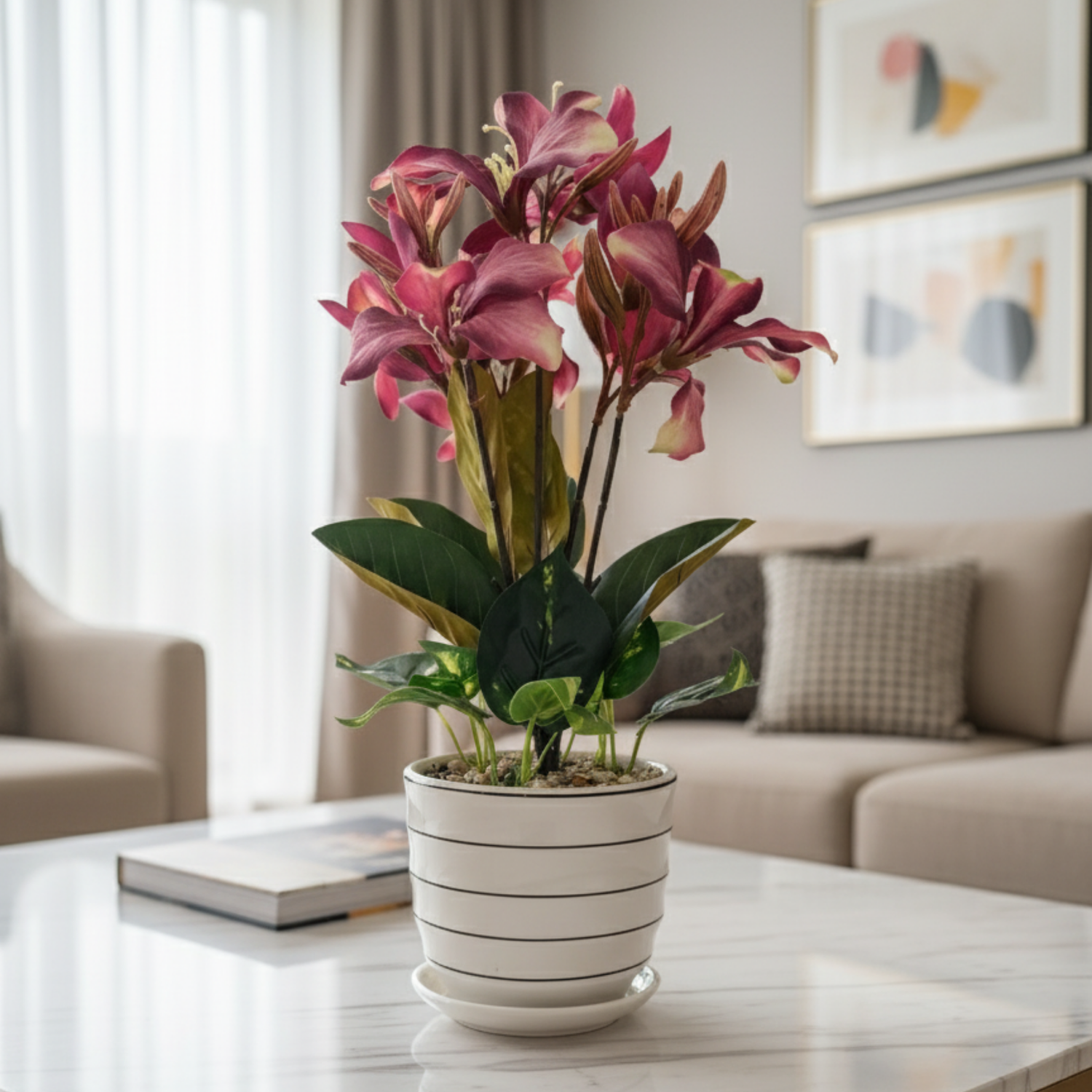 "Crimson Zenith" Luxe Orchid & Foliage Arrangement: Modernist Striped Cachepot with Perpetual Blooms