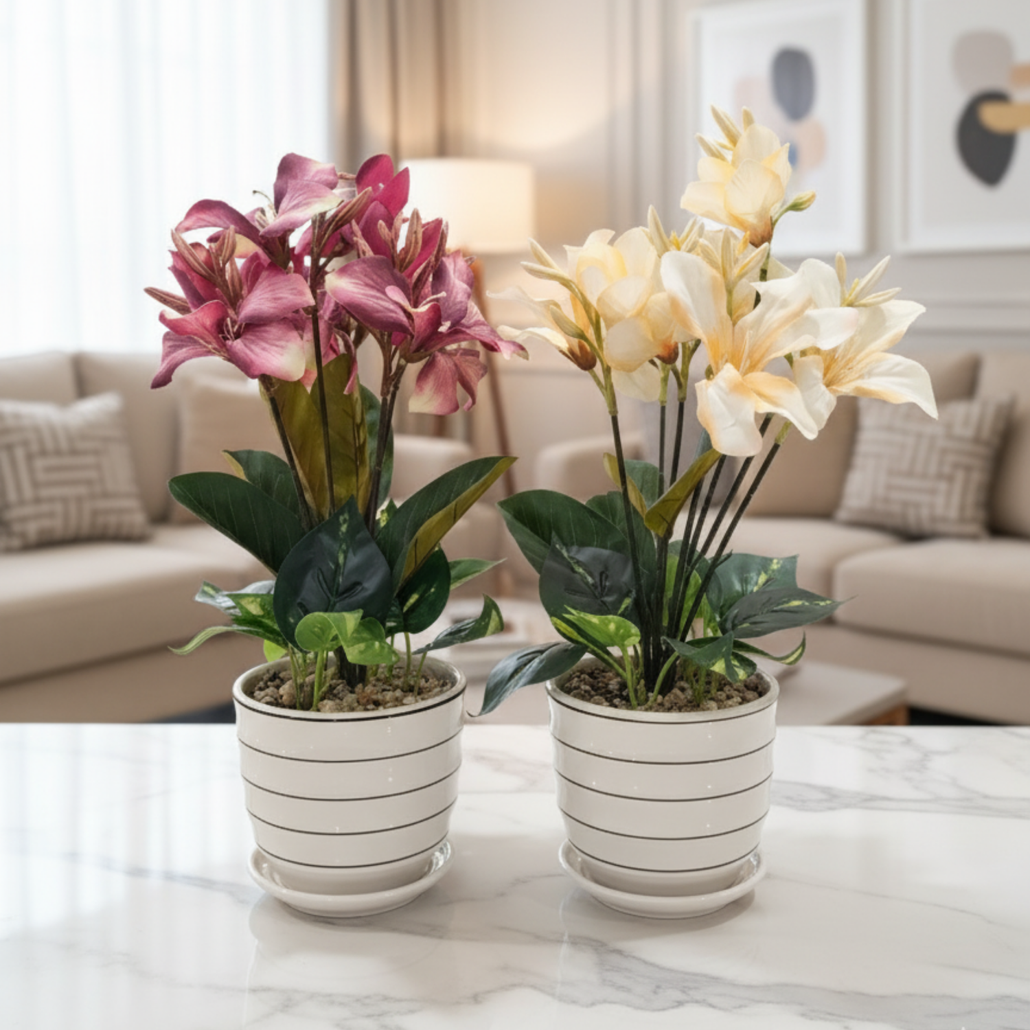 "Duet of Elysian Blooms" Luxe Faux Alstroemeria Pair: Modernist Striped Cachepots with Perpetual Verdancy