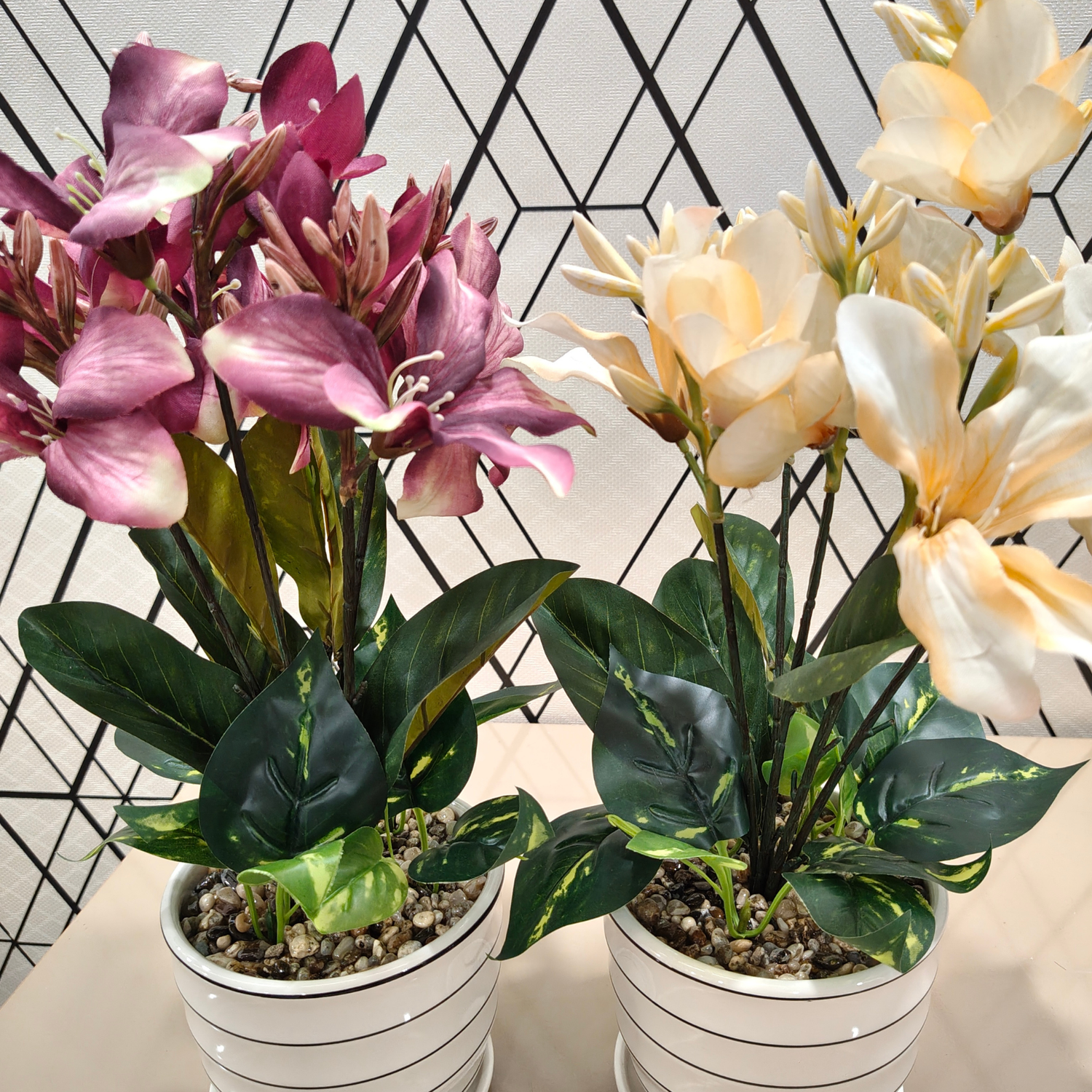 "Duet of Elysian Blooms" Luxe Faux Alstroemeria Pair: Modernist Striped Cachepots with Perpetual Verdancy