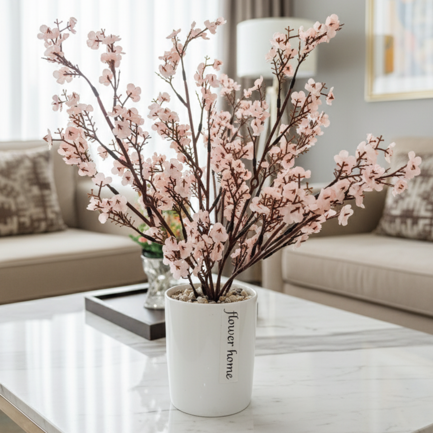 "Sakura Serenity" Grand Luxe Faux Cherry Blossom Display: Modernist "Flower Home" Cachepot with Perpetual Bloom