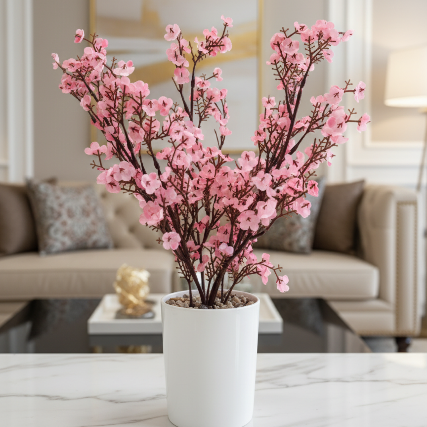 "Sakura Serenity" Luxe Cherry Blossom Arrangement: Modernist Pure White Cachepot for Perpetual Spring