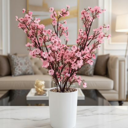 "Sakura Serenity" Luxe Cherry Blossom Arrangement: Modernist Pure White Cachepot for Perpetual Spring