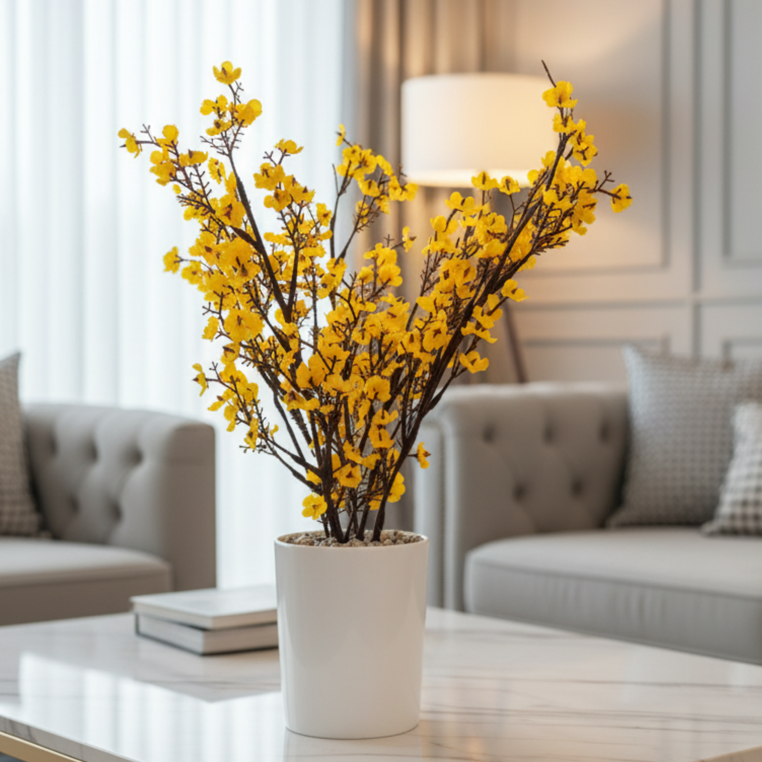 "Golden Cascade" Luxe Faux Forsythia: Modernist Pristine White Cachepot with Zen Stone Base