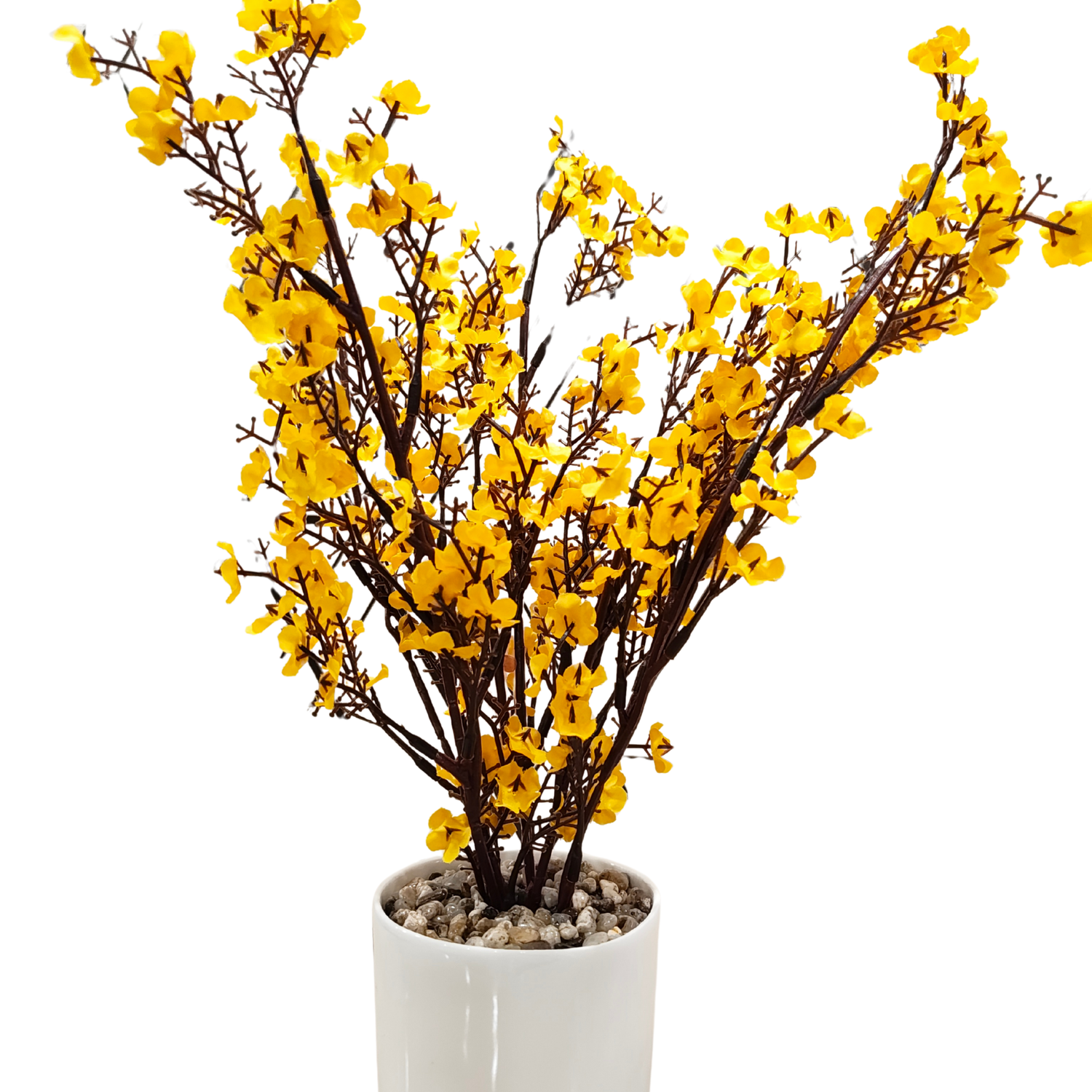 "Golden Cascade" Luxe Faux Forsythia: Modernist Pristine White Cachepot with Zen Stone Base