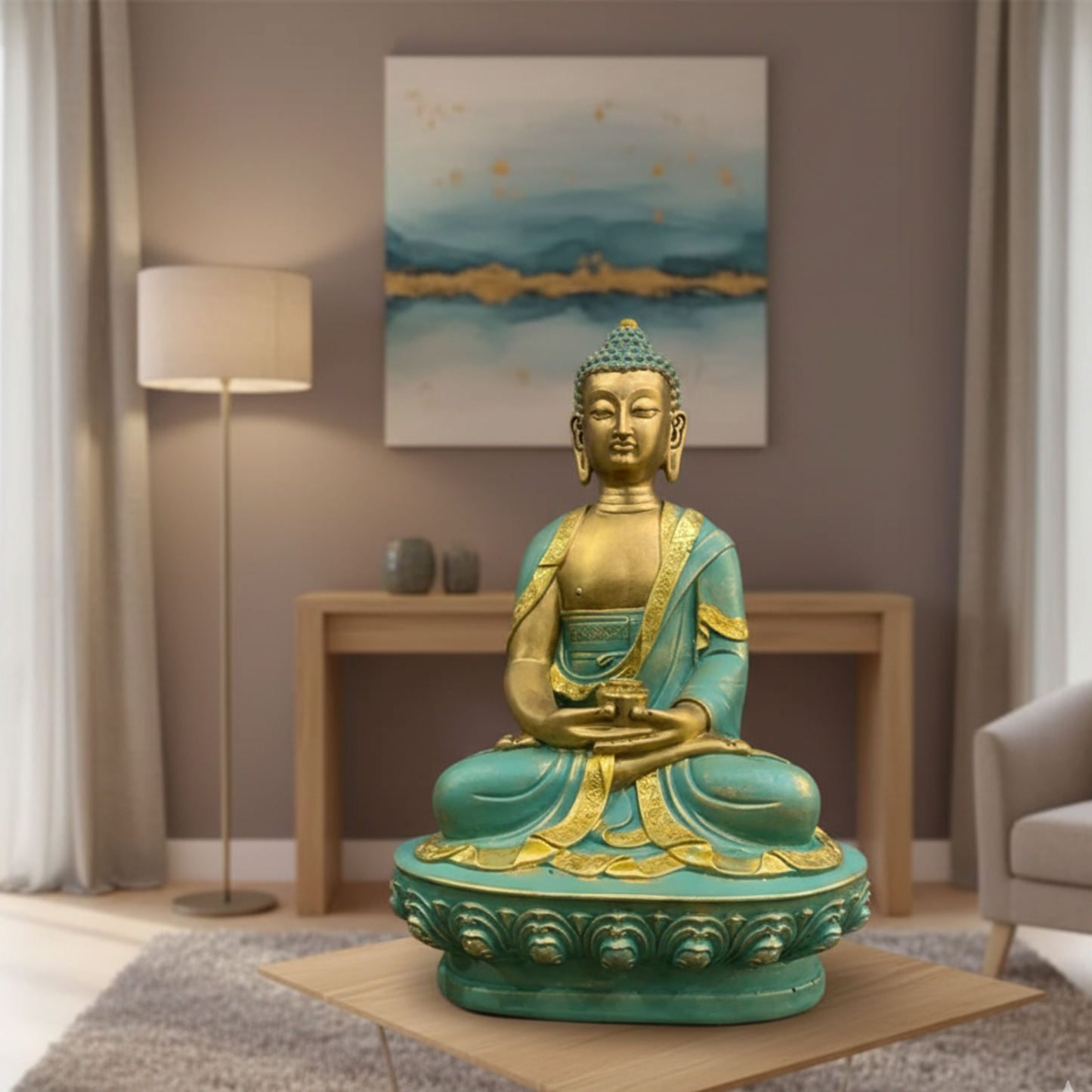Serene Aqua & Gold 'Dhyana' Buddha Idol - Premium Meditation Sculpture
