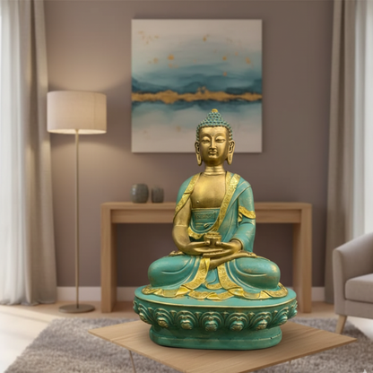 Serene Aqua & Gold 'Dhyana' Buddha Idol - Premium Meditation Sculpture