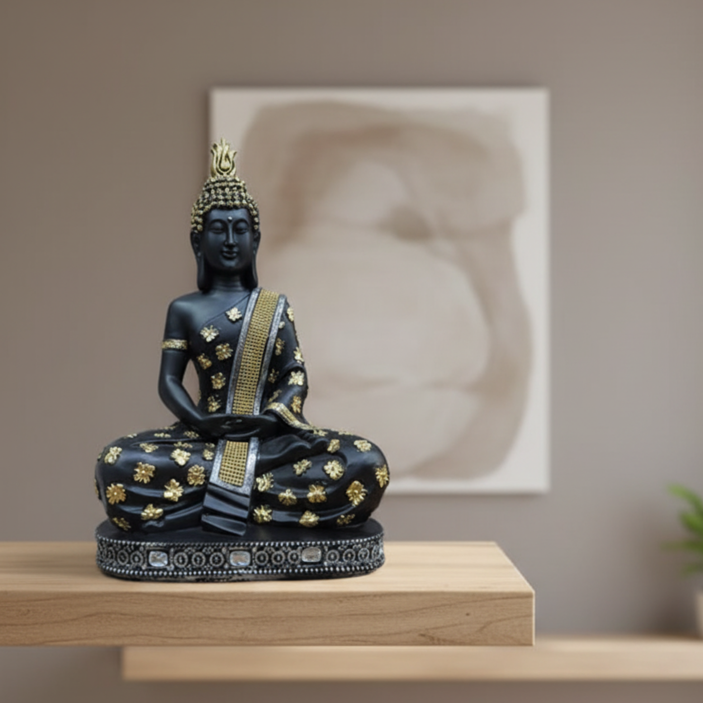 Majestic Black & Gold 'Vajrasana' Buddha Idol - Hand-Painted Resin Sculpture