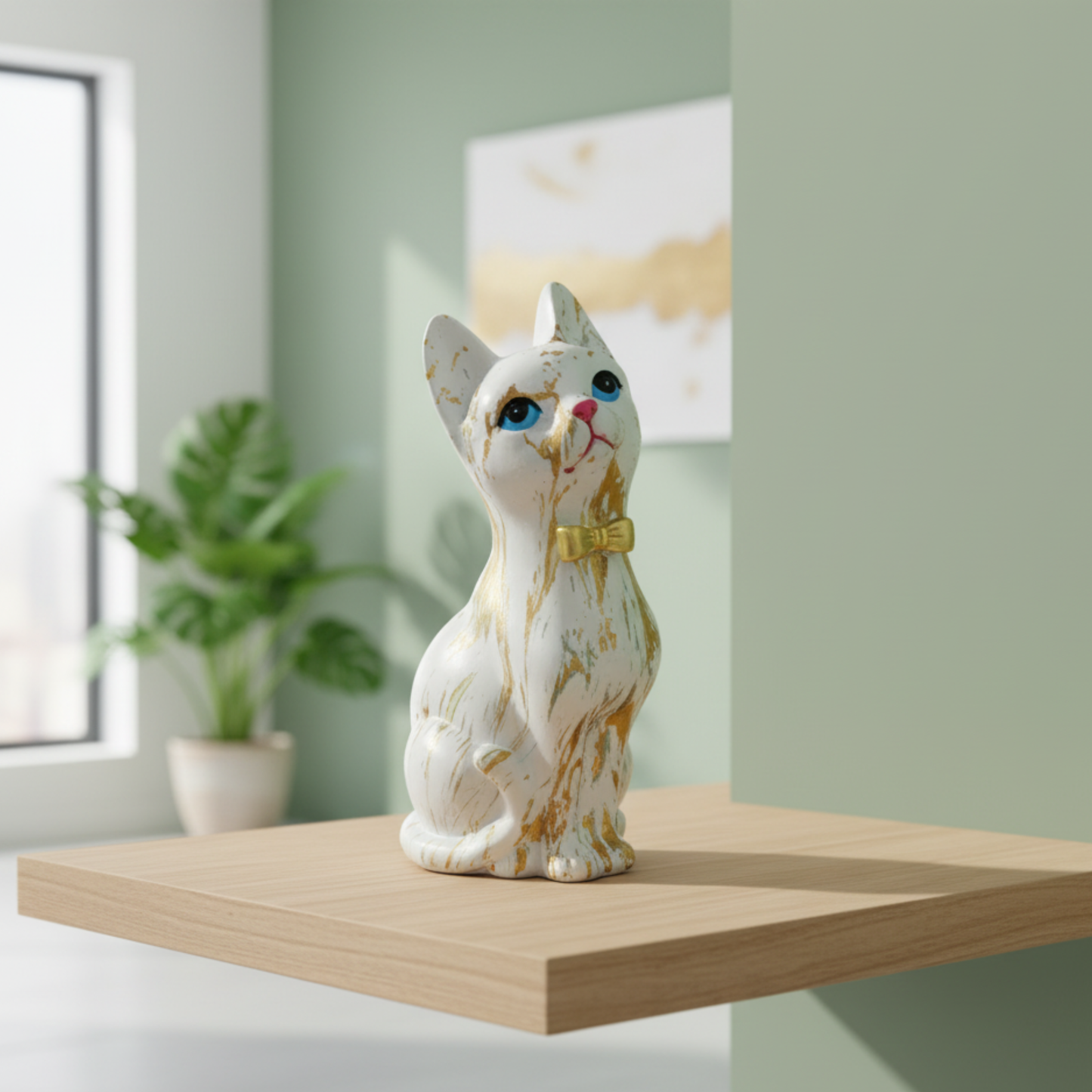 Chic Gilded 'Curious Cat' Sculpture - Artisan Marbled Gold & White Home Accent