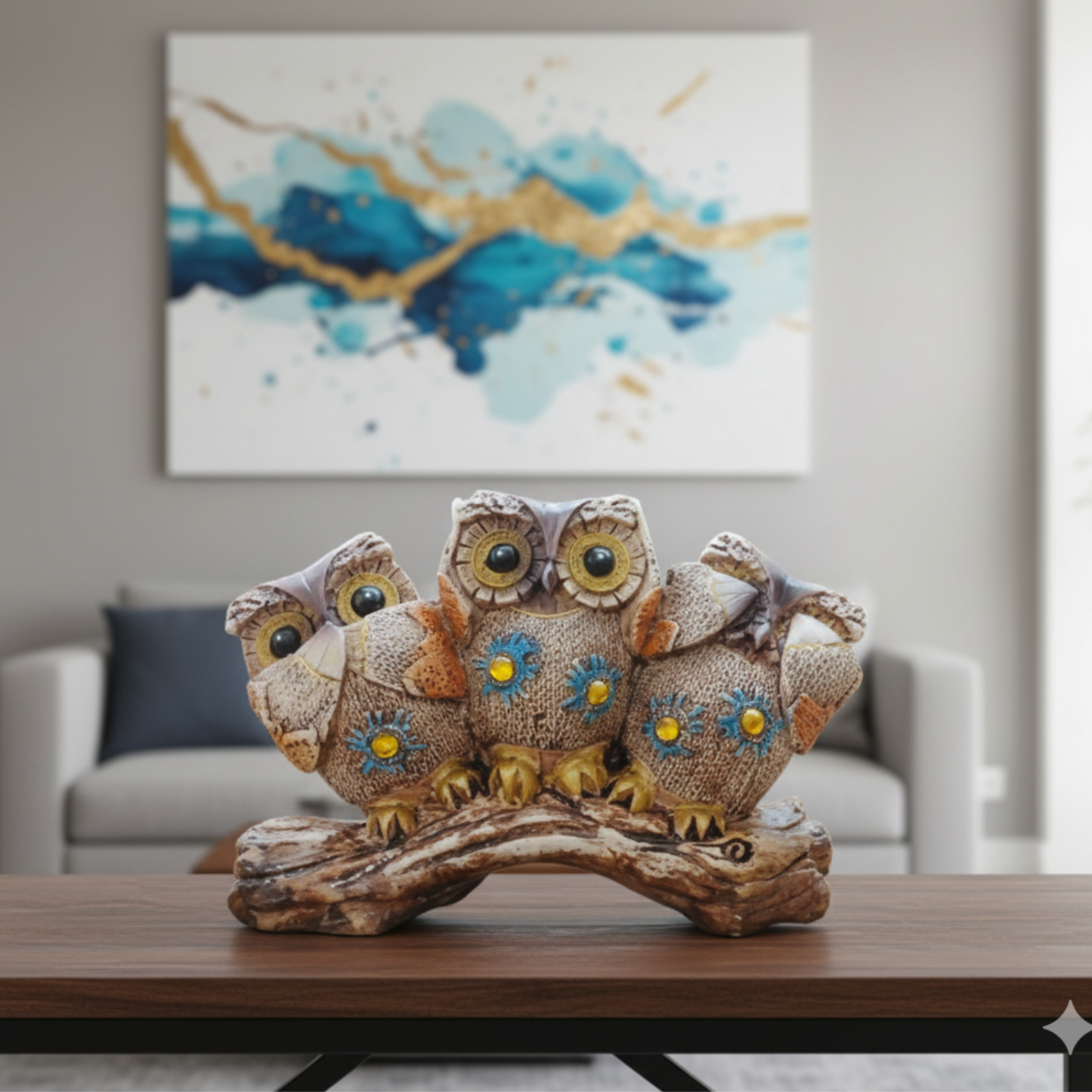 The Three Wise Owls Figurine - Rustic Gold & Teal Gemstone Home Accent