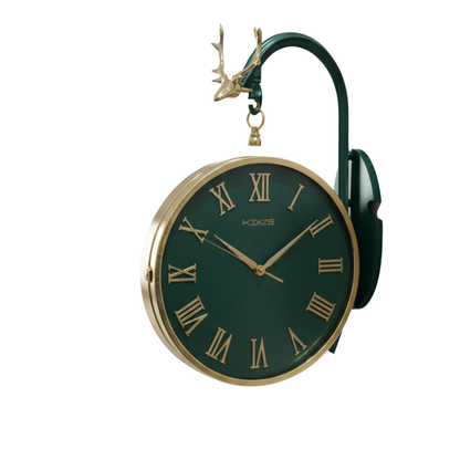 Emerald & Gold Double-Sided Deer Wall Clock - Premium Luxury Home Decor