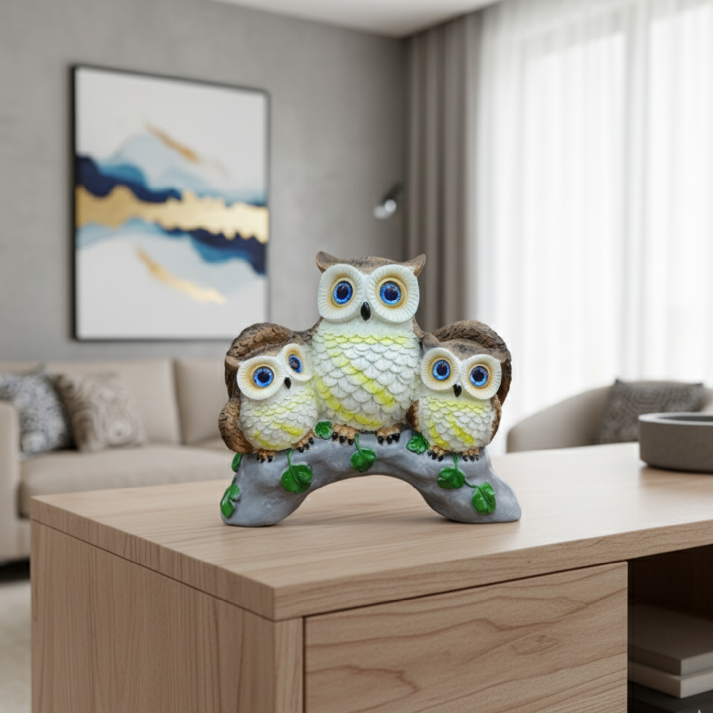 Enchanted Trio Owl Figurine - Premium Artisan Aqua & Yellow Sculpture