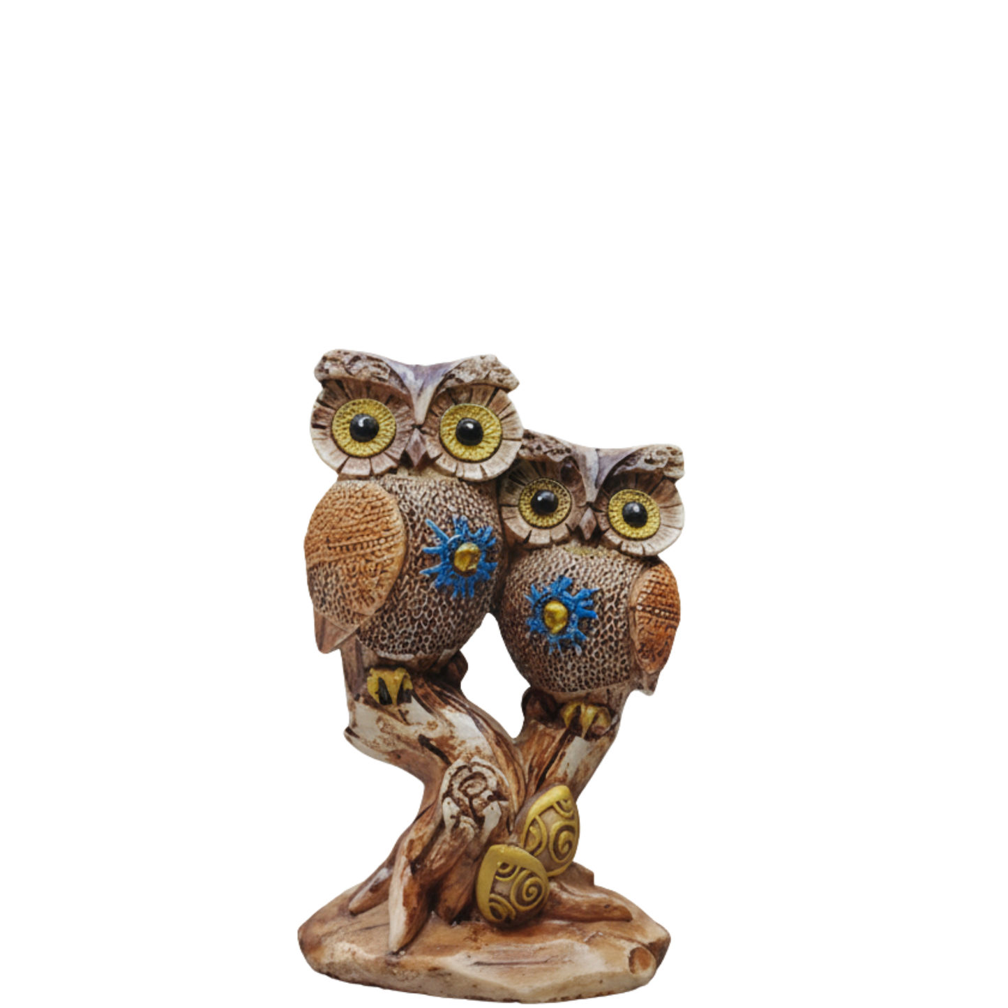 Artisan Lovebirds Owl Figurine - Premium Rustic Brown & Sapphire Accent