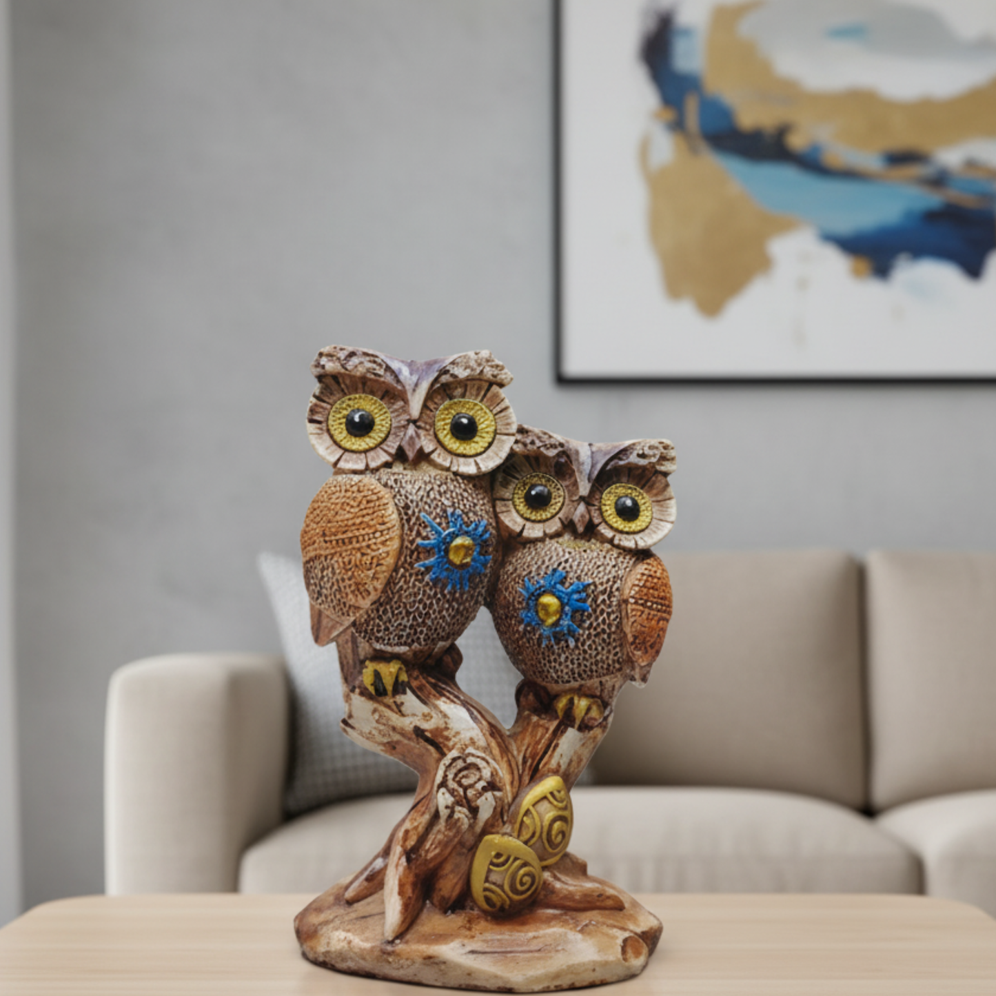 Artisan Lovebirds Owl Figurine - Premium Rustic Brown & Sapphire Accent