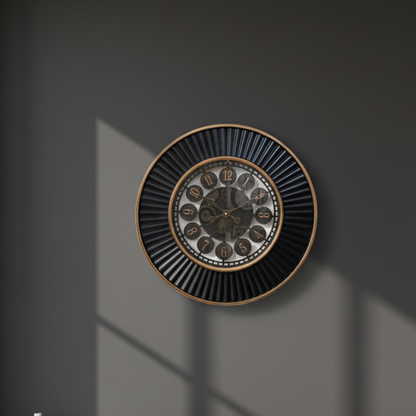 Product Title "Executive Black & Gold Radial Wall Clock - Premium Exposed Gear Steampunk Timepiece