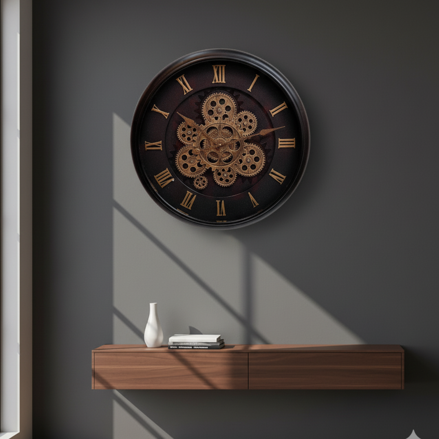 Darkwood & Bronze Flower Gear Wall Clock