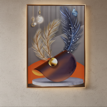 "Celestial Drift" - Premium Illuminated Abstract Feather & Geometry Gold Framed Art