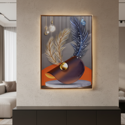 "Celestial Drift" - Premium Illuminated Abstract Feather & Geometry Gold Framed Art