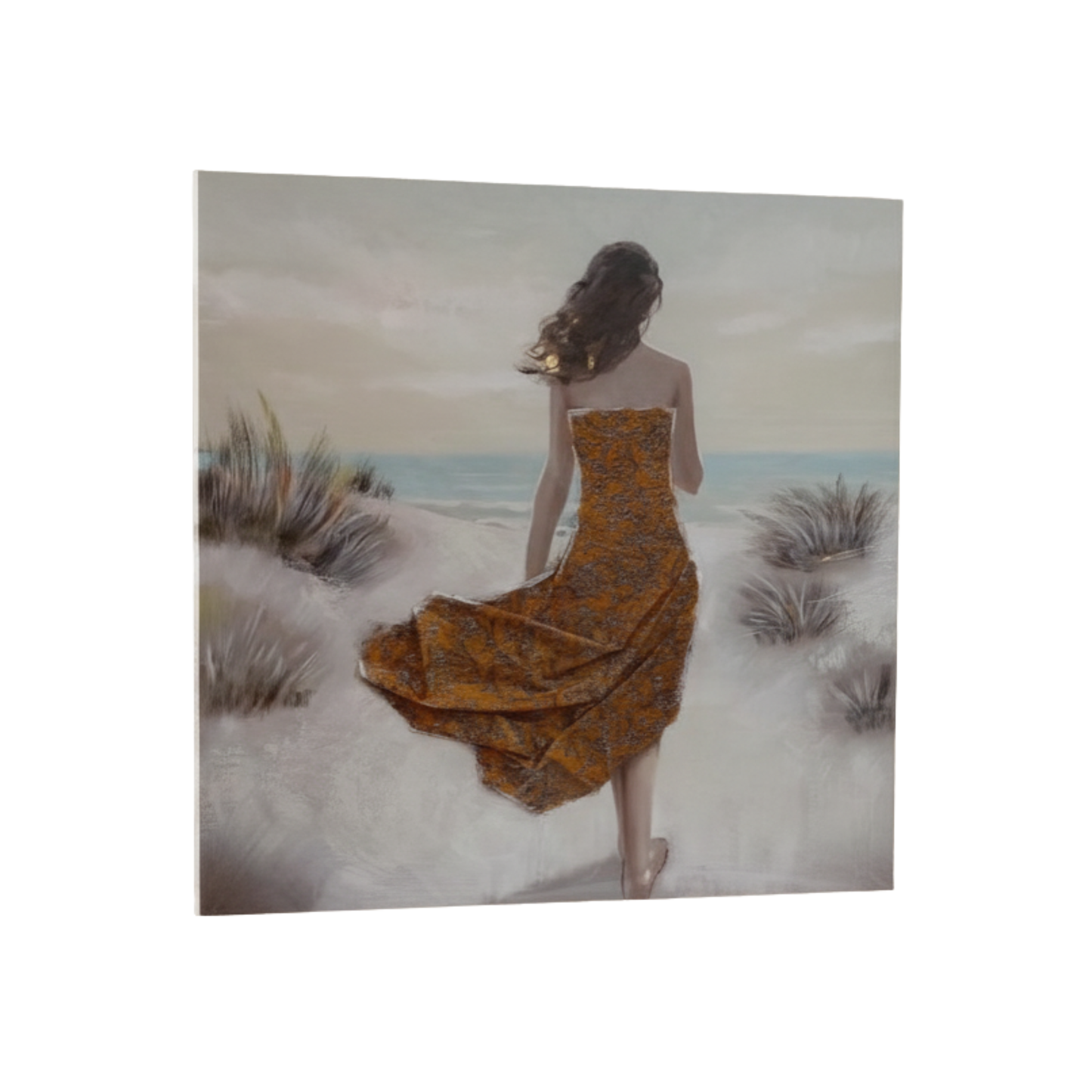 "Saffron Solitude" - Premium Textured 3D Impasto Woman & Beach Canvas Art