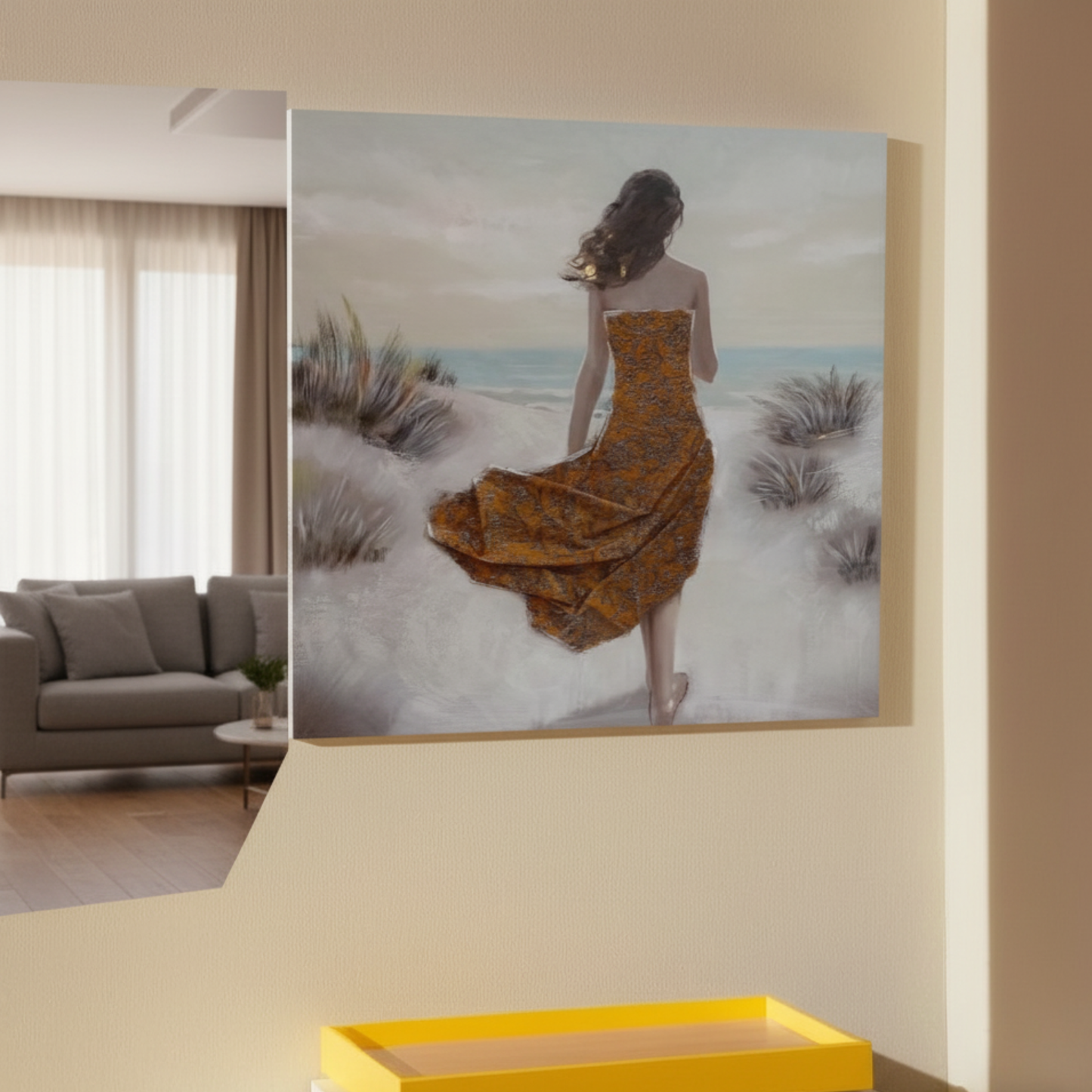 "Saffron Solitude" - Premium Textured 3D Impasto Woman & Beach Canvas Art