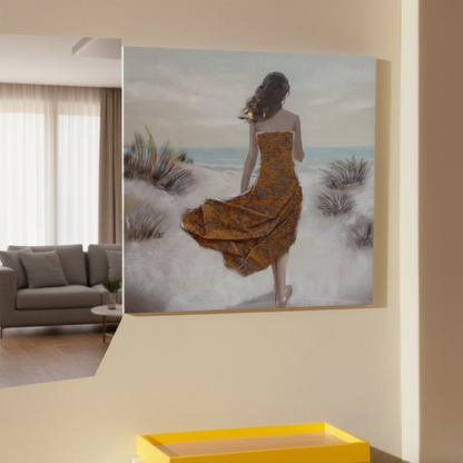 "Saffron Solitude" - Premium Textured 3D Impasto Woman & Beach Canvas Art