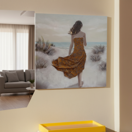 "Saffron Solitude" - Premium Textured 3D Impasto Woman & Beach Canvas Art