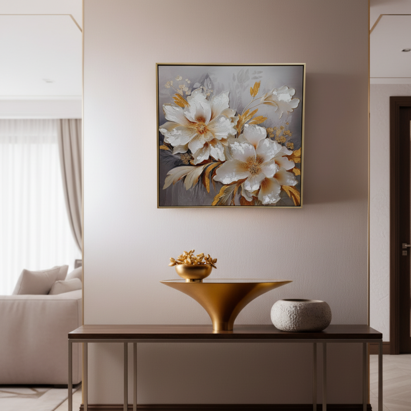 "Ivory & Gilded Grace" - Premium 3D Textured Floral Art with Gold Leaf Accents