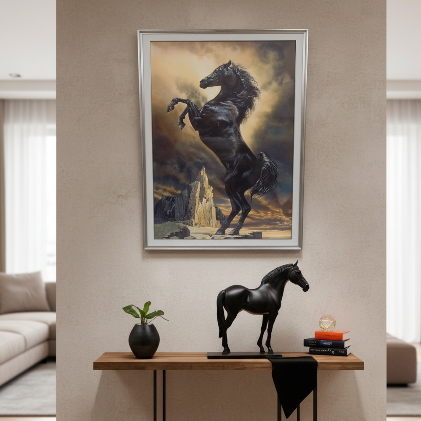 "Obsidian Fury" - Premium Framed Black Stallion Rearing Grand Canvas Art