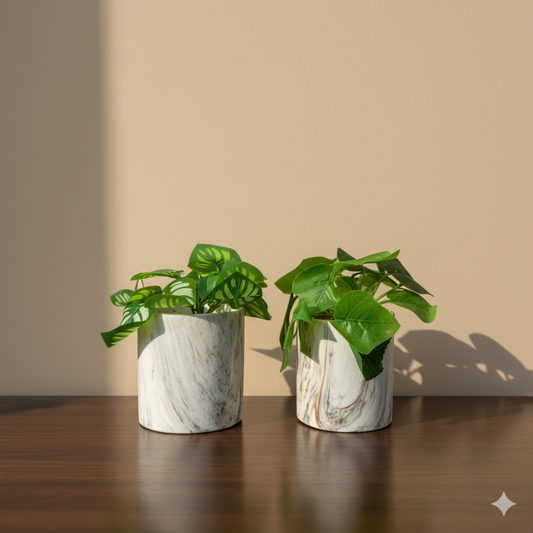 Modern Marble Planter Set with Artificial Greenery
