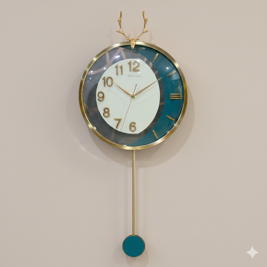 Gilded Stag Antler Wall Clock with Teal & Gold Accents