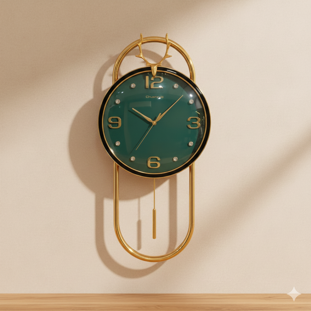 Emerald & Gold Luxe Wall Clock with Pendulum