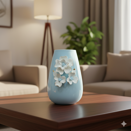 Luxury Ceramic Blossom Vase with Gold Accents- Blue