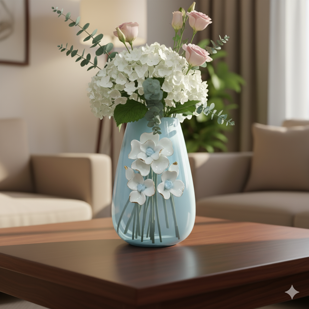 Luxury Ceramic Blossom Vase with Gold Accents- Blue