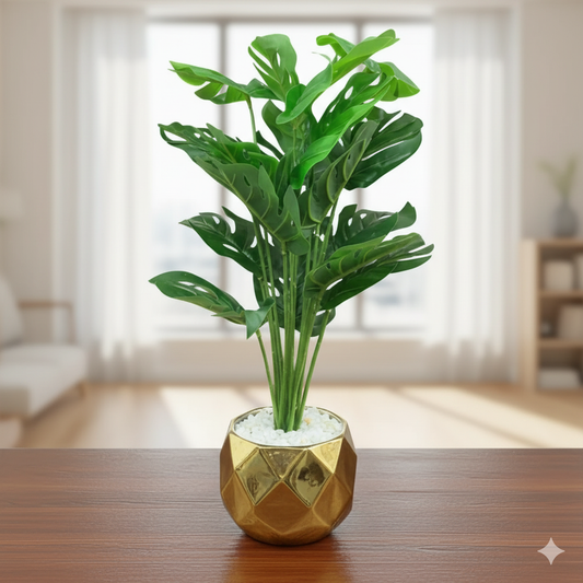 Gilded Geometric Planter with Faux Monstera Plant